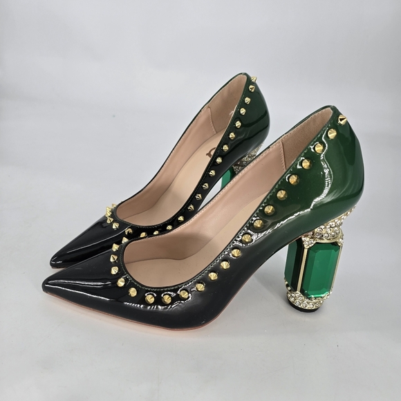 FSJ Women Bridal Pointed Toe Chunky Block High Heel Crystal Pumps Slip on 7 - Picture 6 of 11